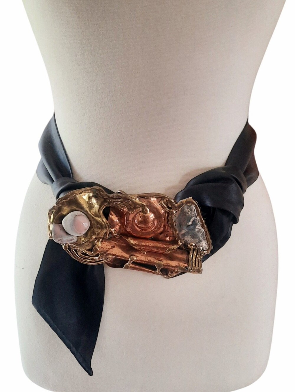 Vtg 1970s Carvalhu Style Mixed Metals & Stones Brutalist Buckle w/Black Sash O/S